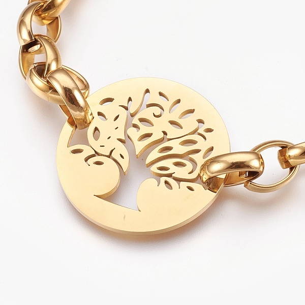 

PandaHall 304 Stainless Steel Link Bracelets, with Lobster Claw Clasps, Flat Round with Tree, Golden, 9 inch~9-1/4 inch(23~23.5cm), 9.5~10mm...