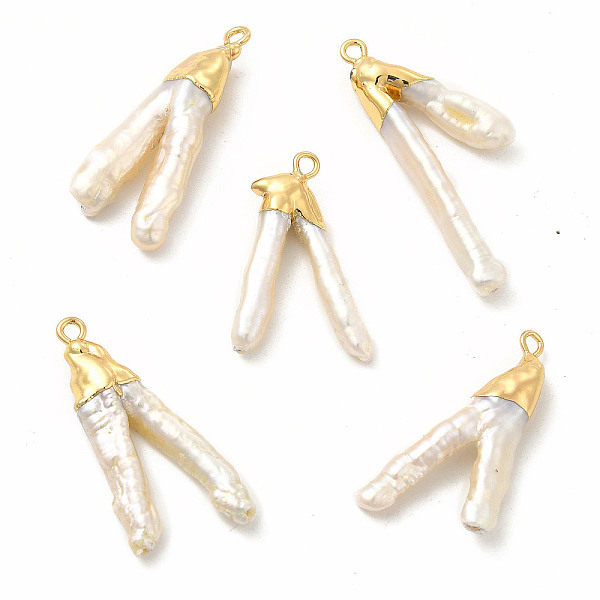 

PandaHall Baroque Natural Keshi Pearl Pendants, V-Shaped Charms, with Brass Loops, Light Gold, 26~37x13~19x4~7mm, Hole: 1.6mm Keshi Pearl..., White