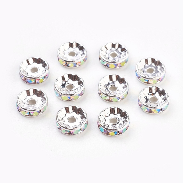 

PandaHall Brass Rhinestone Spacer Beads, Grade A, Straight Flange, Silver Color Plated, Rondelle, Crystal AB, 10x4mm, Hole: 2mm..., Clear