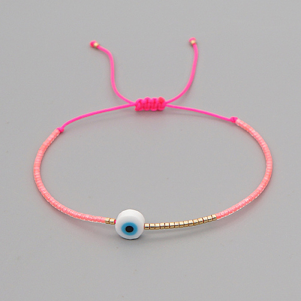 

PandaHall Adjustable Lanmpword Evil Eye Braided Bead Bracelet, Hot Pink, 11 inch(28cm) Lampwork