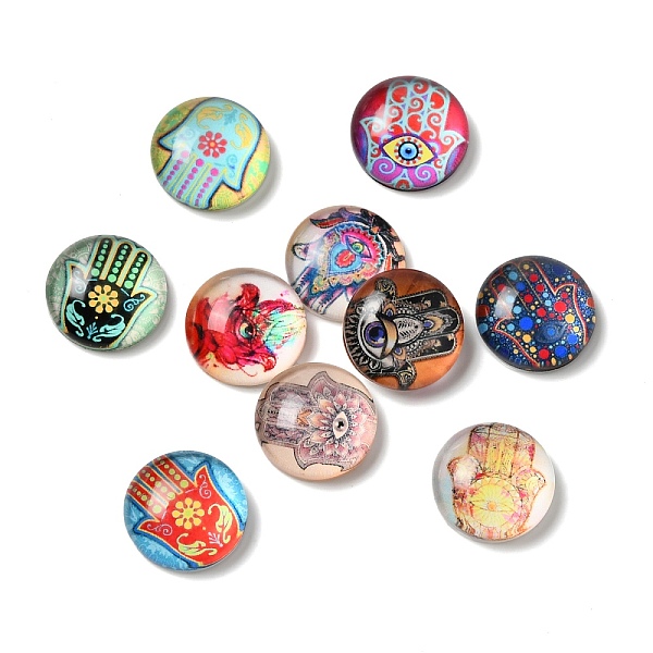 

PandaHall Glass Cabochons, Half Round/Dome, Hamsa Hand, 12x4.5mm, 10pcs/set Glass Hamsa Hand