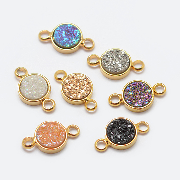 

PandaHall Electroplated Natural Druzy Agate Links connectors, with Brass Findings, Flat Round, Golden, Mixed Color, 13x7x2.5mm, Hole: 2mm..., Multicolor