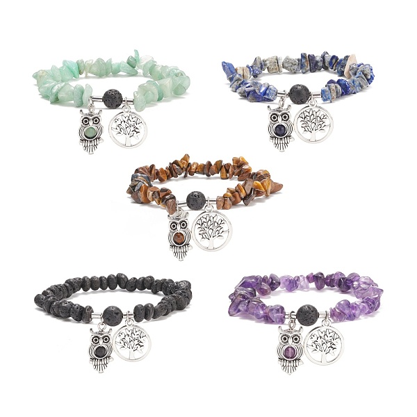 

PandaHall Natural Gemstone Chips Beaded Stretch Bracelet, Alloy Owl & Tree of Life Charms Bracelet for Women, Inner Diameter: 2-1/8 inch...