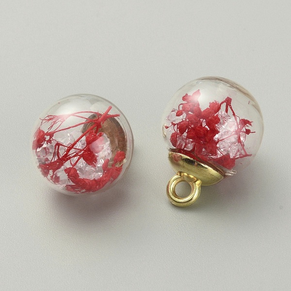 

PandaHall Transparent Glass Globe Pendants, with Dried Flower Inside and Golden ABS Plastic Pendant Bails, Round, FireBrick, 21x16mm, Hole..., Red