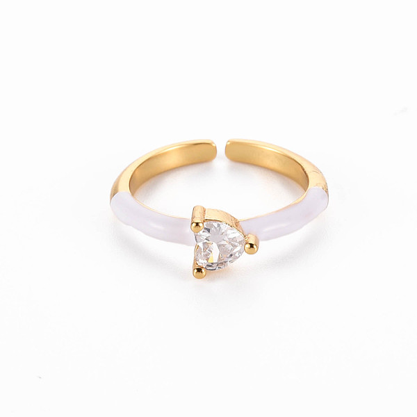 

PandaHall Brass Enamel Cuff Rings, Open Rings, Solitaire Rings, with Clear Cubic Zirconia, Nickel Free, Heart, Golden, White, US Size 7...