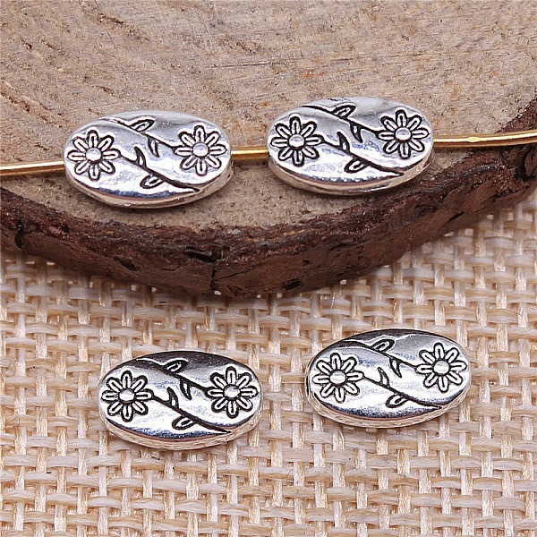

PandaHall Tibetan Style Alloy Beads, Oval with Flower, Antique Silver, 10x6x3mm Alloy Oval