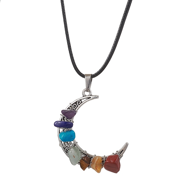 

PandaHall Tibetan Style Alloy Moon Pendant Necklace, Natural & Synthetic Mixed Gemstone Chips Chakra Theme Necklace, Antique Silver, 17.83...
