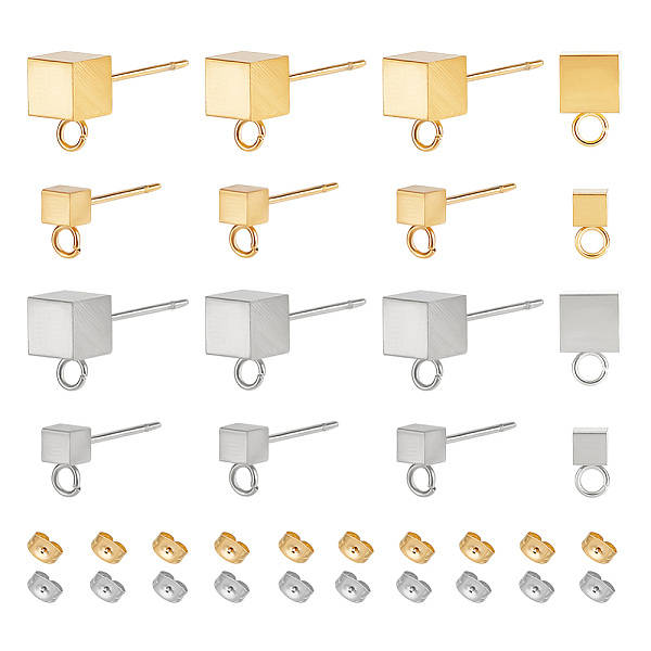 

PandaHall Unicraftale 32Pcs 4 Style 304 Stainless Steel Stud Earring Findings, with Ear Nuts and Horizontal Loops, Cube, Golden & Stainless...