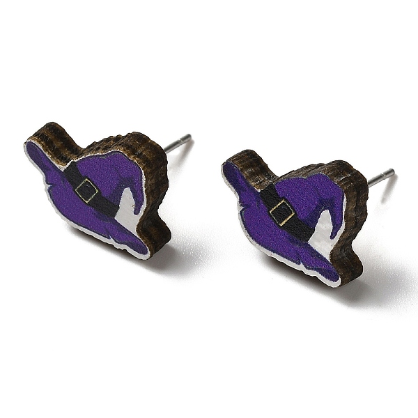 

PandaHall Wood Stud Earrings, with 316 Surgical Stainless Steel Pin, Halloween Theme, Indigo, Hat, 11x16mm Wood Hat Purple