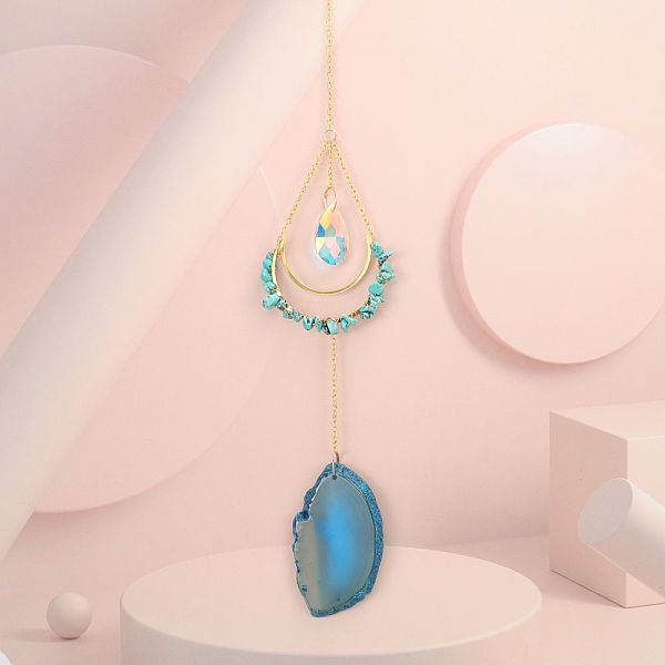 

PandaHall Synthetic Turquoise Chip Wrapped Moon Hanging Ornaments, Glass Teardrop and Agate Slices Tassel Suncatchers for Home Outdoor...