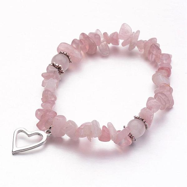 PandaHall Rose Quartz Charm Bracelets, with Silver Color Plated Alloy Pendants, Heart, Pink, 2 inch(50mm) Rose Quartz Pink