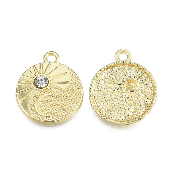 

PandaHall Rack Plating Alloy Pendants, with Crystal Rhinestone, Flat Round with Moon & Sun, Cadmium Free & Nickel Free & Lead Free, Light..., Clear