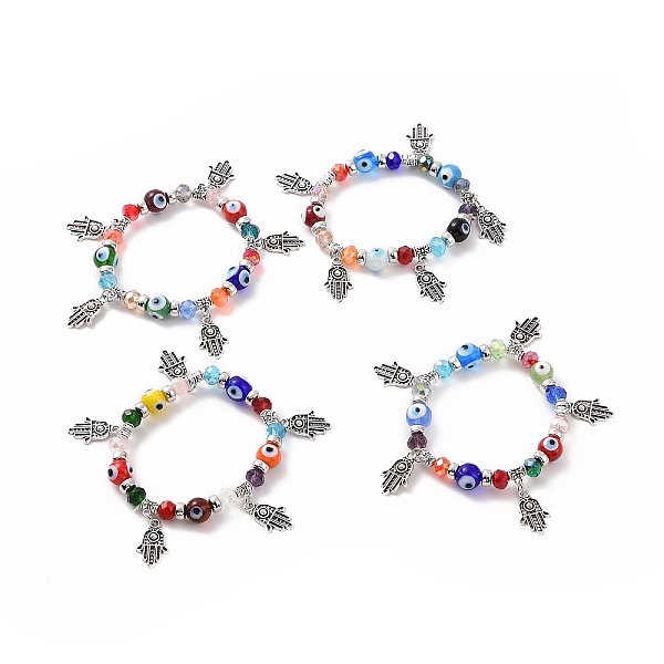 

PandaHall Random Color Lampwork Evil Eye & Glass Beaded Stretch Bracelet with Alloy Hamsa Hand Charm for Women, Colorful, 7-1/2 inch(19cm)...
