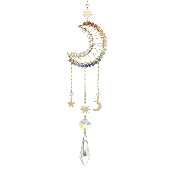 

PandaHall Wire Wrapped Chakra Gemstone & Brass Pendant Decorations, with Glass Charm, For Home Decorations, Moon, 322mm Gemstone Moon Clear