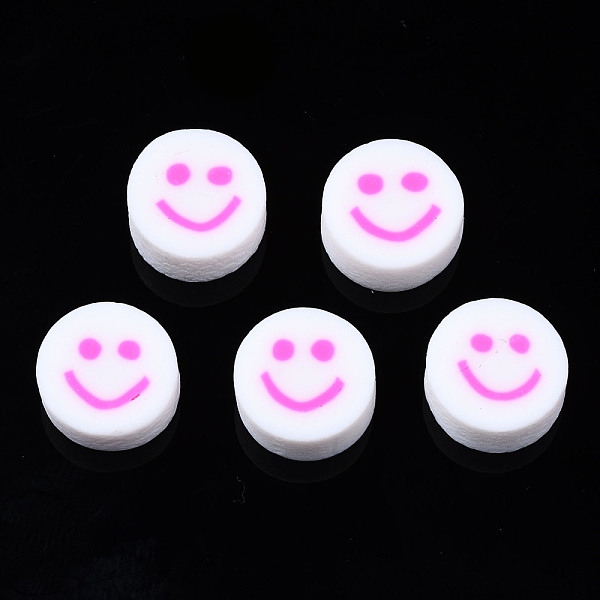 PandaHall Handmade Polymer Clay Beads, for DIY Jewelry Crafts Supplies, Flat Round with Smiling Face, Hot Pink, 10x4~4.5mm, Hole: 1.8mm...