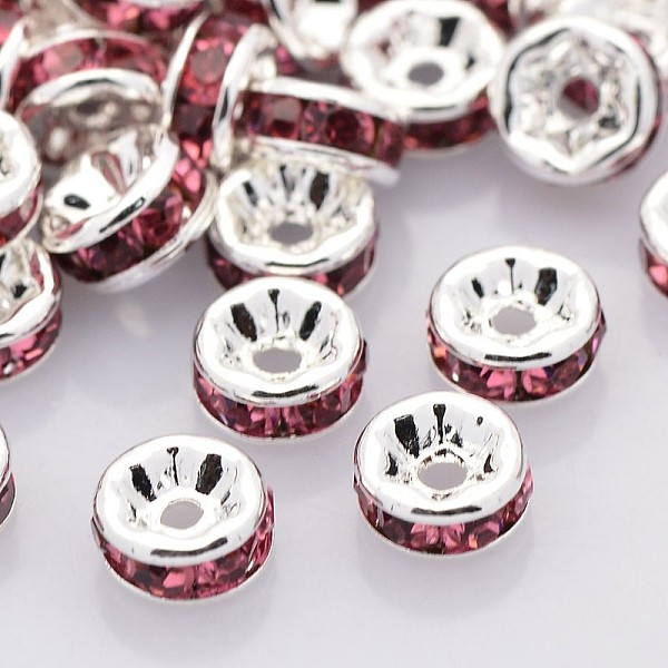 

PandaHall Brass Rhinestone Spacer Beads, Grade A, Straight Flange, Silver Color Plated, Rondelle, Rose, 6x3mm, Hole: 1mm Brass+Rhinestone..., Pink