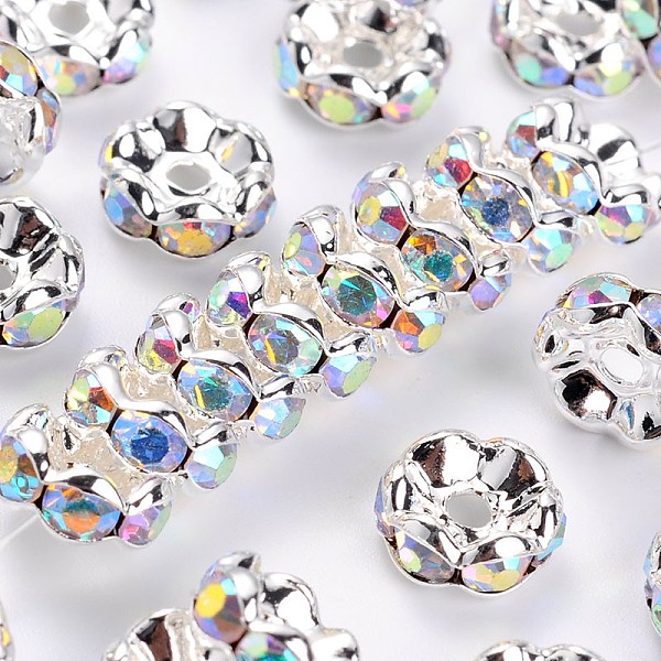 

PandaHall Rhinestone Spacer Beads, Grade A, Clear AB White, with AB Color Rhinestone, Silver Color Plated, Brass, Nickel Free, Size: about...
