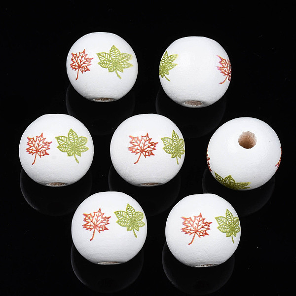 

PandaHall Halloween Printed Natural Wood Beads, Round with Leaf, Olive Drab, 15.5x14.5mm, Hole: 4mm Schima Wood Leaf