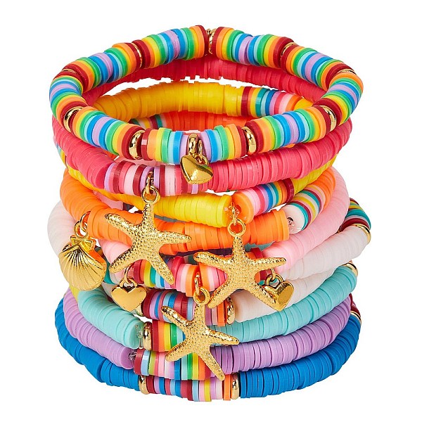 

PandaHall Stretch Charm Bracelets Sets, with Handmade Polymer Clay Heishi Beads and Brass Spacer Beads and Alloy Pendants, Mixed Color..., Multicolor