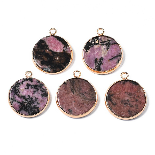 

PandaHall Natural Rhodonite Pendants, with Golden Plated Brass Edge and Loop, Flat Round, 25x21x3.5mm, Hole: 2mm Rhodonite Flat Round