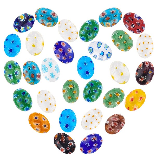 

PandaHall SUNNYCLUE 30Pcs Handmade Millefiori Lampwork Cabochons, Oval, Mixed Color, 13.5~14x9.5~10x3.5~4mm Lampwork Oval Multicolor