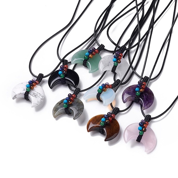 

PandaHall Adjustable Natural & Synthetic Mixed Gemstone Double Horn Pendant Necklace with Wax Cord for Women, 29.69~31.10 inch(75.4~79cm)...