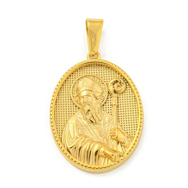 

PandaHall Ion Plating(IP) 304 Stainless Steel Pendants, Oval with Saint Charm, Golden, 35.5x26x4mm, Hole: 9.5x5mm 304 Stainless Steel Oval