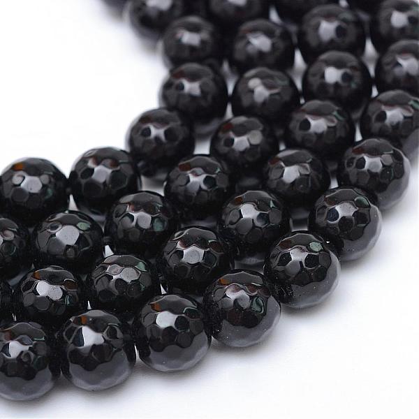 PandaHall Glass Beads Strands, Faceted, Round, Black, 8~9mm, Hole: 1mm, about 45~47pcs/strand, 14.4~15.2 inch Glass Round Black