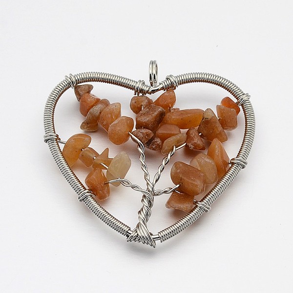 

PandaHall Brass Gemstone Pendants, Heart with Tree of Life, Platinum, 46~50x48~53x10mm, Hole: 5mm Red Aventurine Heart