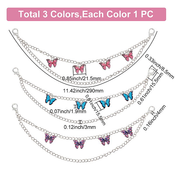 

PandaHall WADORN 3 Colors Purse Decoration Chains, Colorful Enamel Butterfly Charm Chain 2-Layer Chain DIY Shiny Charm Chain for Handbag..., Multicolor