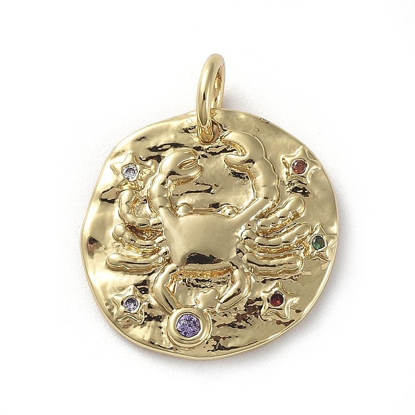 

PandaHall Brass Micro Pave Cubic Zirconia Pendants, with Jump Rings, Flat Round, Constellation, Colorful, Golden, Cancer, 14~15x2mm, Hole...