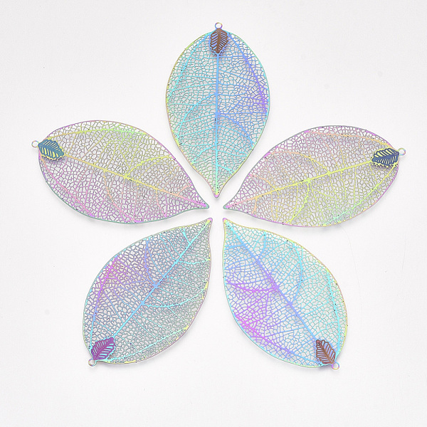 

PandaHall Ion Plating(IP) 304 Stainless Steel Filigree Big Pendants, Etched Metal Embellishments, Leaf, Rainbow Color, 60x33x0.2mm, Hole...