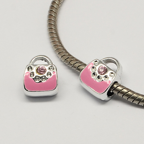

PandaHall Alloy Rhinestone Bag Large Hole Enamel Style European Beads, Silver, Pink, 11x9x8mm, Hole: 4mm Alloy Rhinestone+Enamel Bag Pink