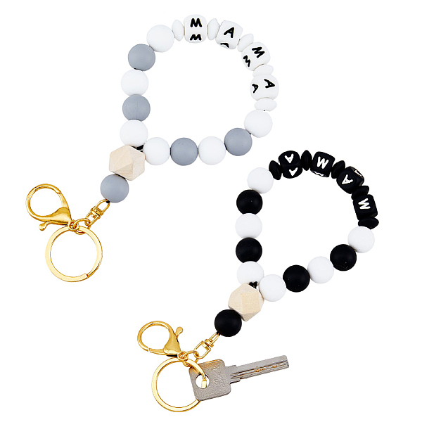 

PandaHall SUPERFINDINGS 2 Colors Silicones Mother's Day Wrist Keychain Beaded Bracelet Keychain Bracelet Keys Holder Keyring Bangle for..., Black