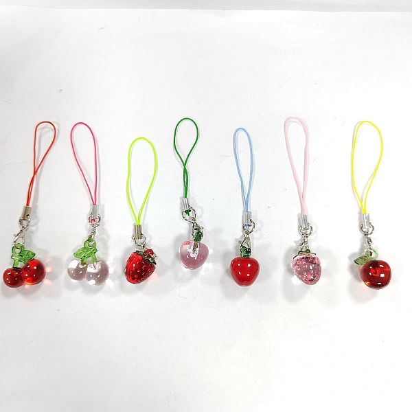 

PandaHall Cell Phone Strap Charm, Apple & Strawberry & Cherry Acrylic Charm Hanging Keychain for Women, with Polyester Cord, Mixed Color..., Multicolor