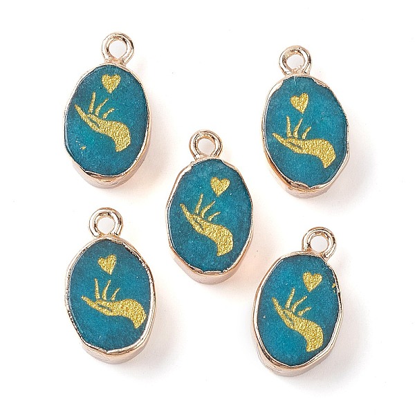 

PandaHall Natural white Jade Pendants, Dyed & Heated, Golden Plated Brass Oval Charms with Hand, 17.5x10.5x5mm, Hole: 1.6mm White Jade Palm
