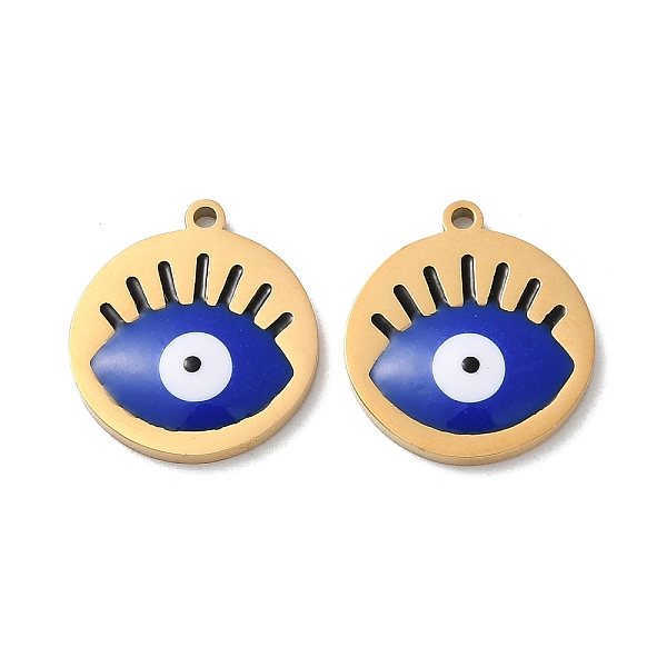 

PandaHall Ion Plating(IP) 304 Stainless Steel Pendants, with Enamel, Flat Round with Evil Eye Pattern, Golden, 17x15x1.5mm, Hole: 1.2mm..., Blue