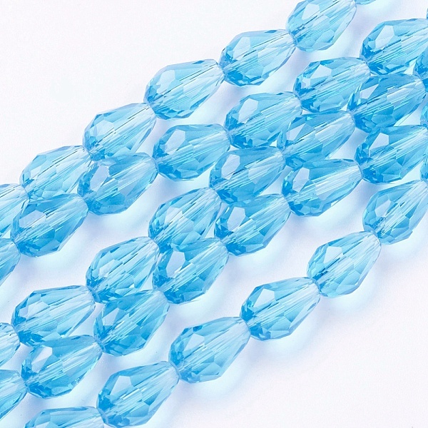 

PandaHall Glass Beads Strands, Faceted, Drop, Deep Sky Blue, 11x8mm, Hole: 1mm, about 57~59pcs/strand, 26.38~26.77 inch Glass Teardrop Blue