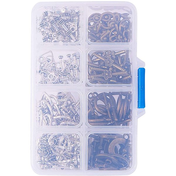 PandaHall Tibetan Style Alloy Toggle Clasps, Lead Free, Mixed Color, Toggle: 14~25x6~15x1.5~2mm, hole: 1.5~3.5mm, Bar: 16.5~29x3~9mm, hole...