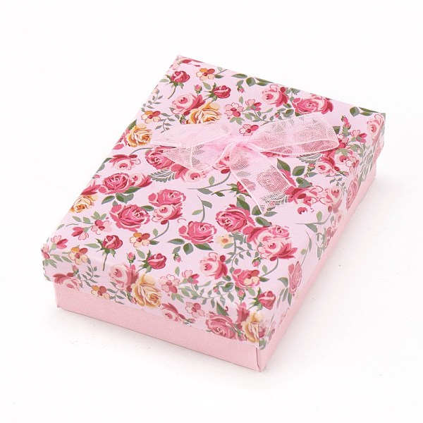 

PandaHall Flower Pattern Cardboard Jewelry Packaging Box, 2 Slot, For Ring Earrings, with Ribbon Bowknot and Black Sponge, Rectangle, Pink...