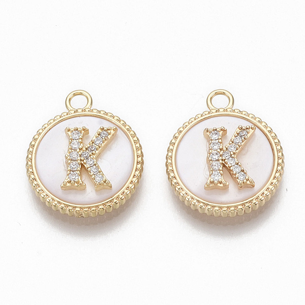 

PandaHall Brass Micro Pave Cubic Zirconia Pendants, with Shell, Flat Round with Letter, Nickel Free, Clear, Creamy White, Real 18K Gold...