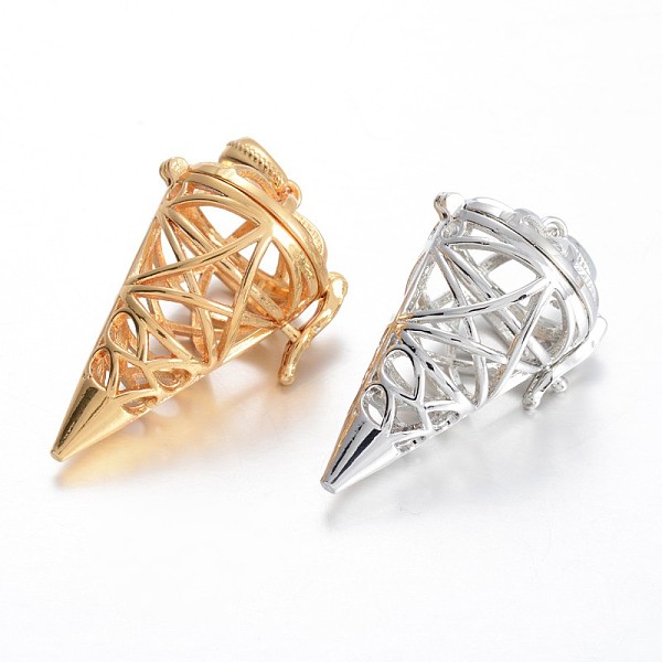 

PandaHall Hollow Brass Cone Cage Pendants, For Chime Ball Pendant Necklaces Making Making, Mixed Color, 39x23.5x19.5mm, Hole: 6.5x3.5mm..., Multicolor