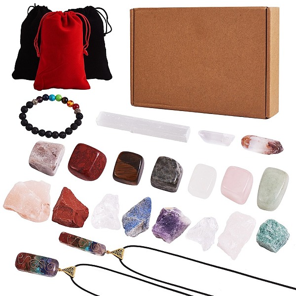 PandaHall DIY Chakra Gemstone Bracelet Necklace Making Kit, Including Natural Mixed Stone Beads & Bracelet & Necklace, 21Pcs/box Mixed Stone