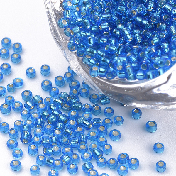 

PandaHall Silver Lined Glass Seed Beads, Round, Dodger Blue, 1.5~2x1mm, Hole: 0.6mm, about 120000pcs/bag, about 450g/bag Glass Blue