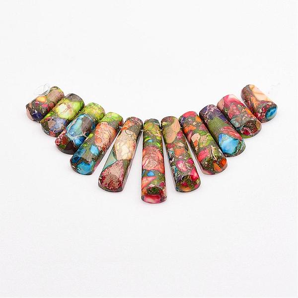 

PandaHall Assembled Gold Line and Imperial Jasper Beads Strands, Graduated Fan Pendants, Focal Beads, Dyed, Colorful, 16~39x9.5~10x5mm, Hole...