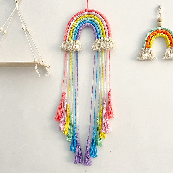 

PandaHall Handmade Macrame Cotton Cord Woven Rainbow Tassel Wall Hanging, Boho Style Hanging Ornament, for Home Decoration, Colorful...