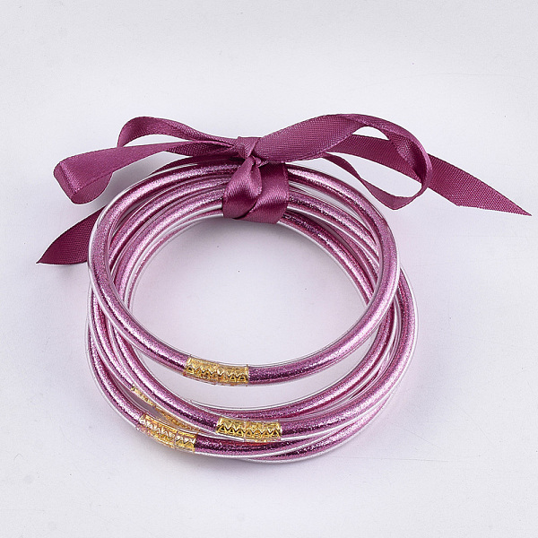 

PandaHall PVC Plastic Buddhist Bangle Sets, Jelly Bangles, with Glitter Powder and Polyester Ribbon, Medium Violet Red, 2-1/2 inch(6.3cm)...