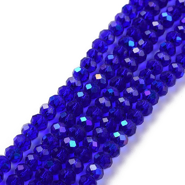 

PandaHall Electroplate Glass Beads Strands, Half Rainbow Plated, Faceted, Rondelle, Blue, 4x3mm, Hole: 0.4mm, about 123~127pcs/strand...