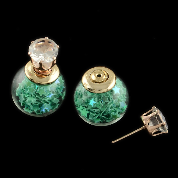 

PandaHall Girl's Double Sided Glass Ball Stud Earrings, with Star Paillette Beads inside, Rhinestones and Golden Iron Pins, Medium Sea Green...