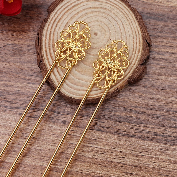 

PandaHall Brass Hair Fork Findings, with Flower Filigree Findings, Golden, 115x12x2mm, Filigree Findings: 20x31.5mm Brass